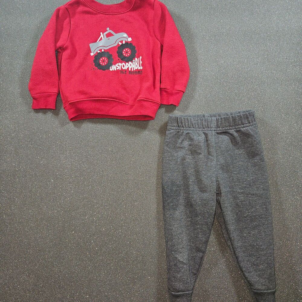 Monster Truck Jogger Set Toddler 2Pc Red Sweatshirt Gray Pants Outfit